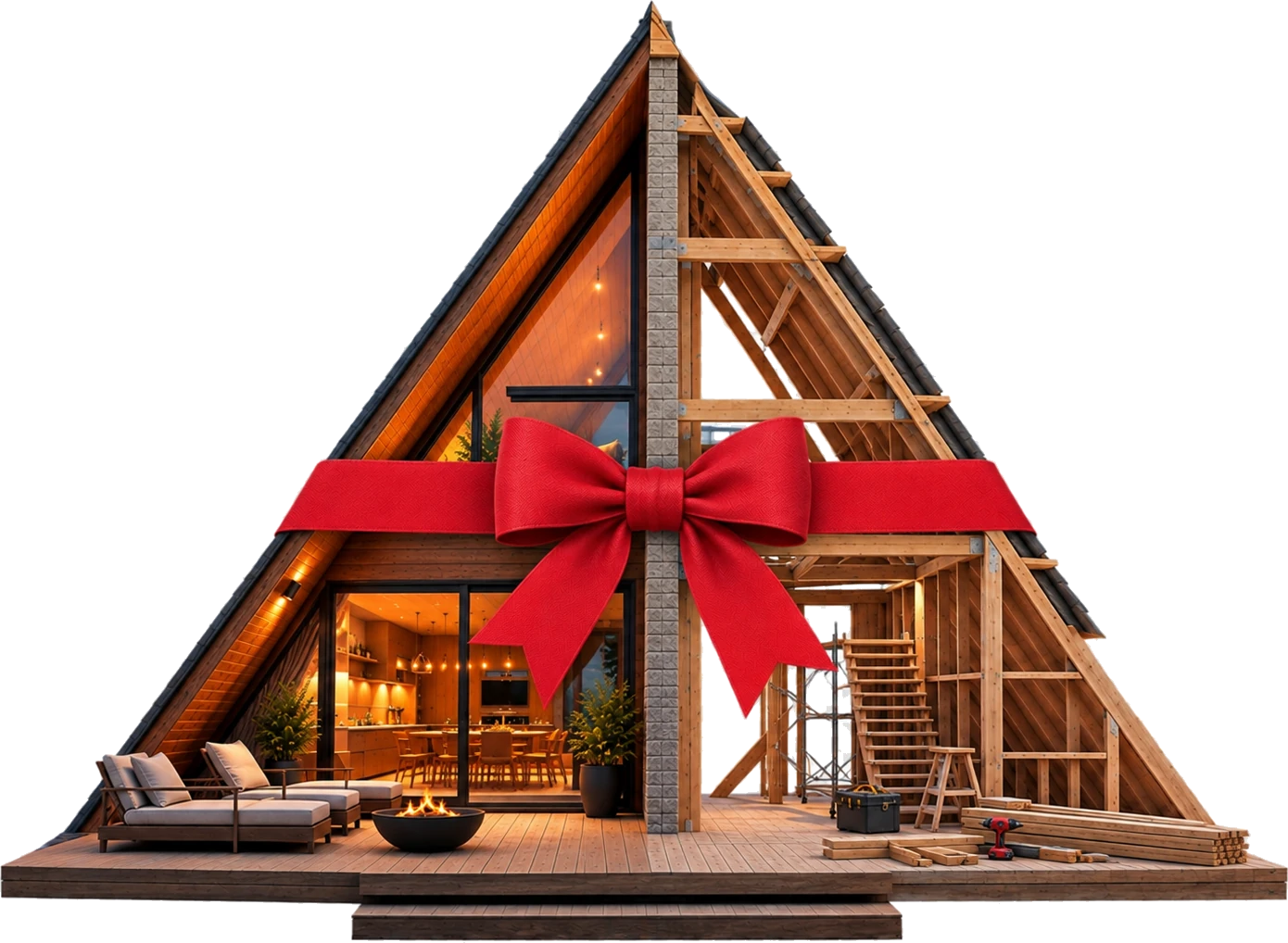 كوخ خشبي A-Frame مربوط بشريط أحمر — عرض اليوم الوطني